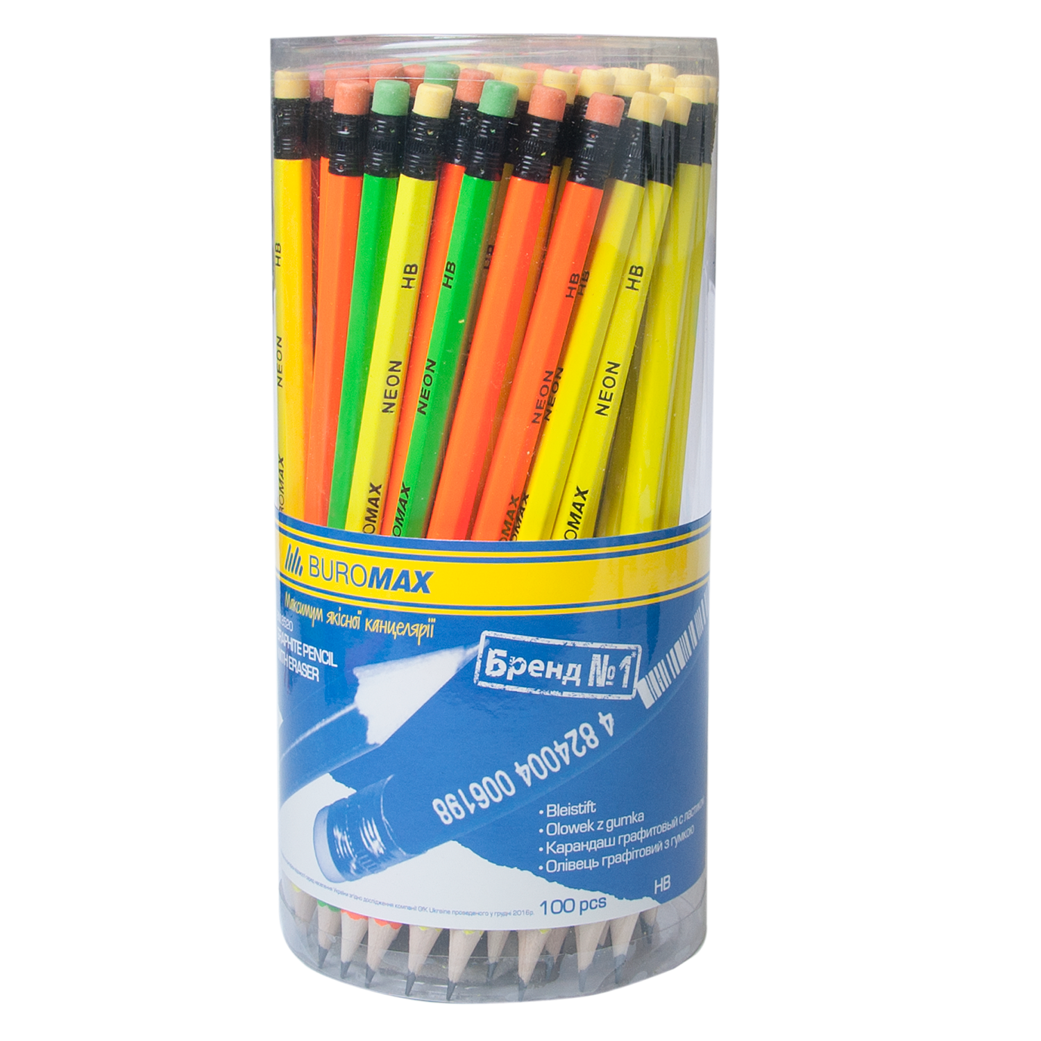 Олівець графітний BUROMAX NEON НВ,з гумкою,  асорті