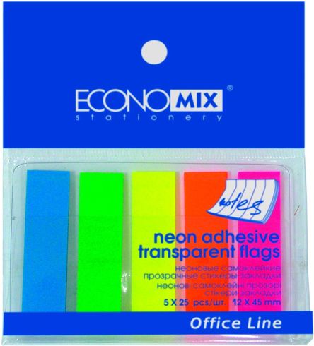 Фото 1. Закладки пластикові ECONOMIX  12х45мм по 25арк 5 кольорів neon